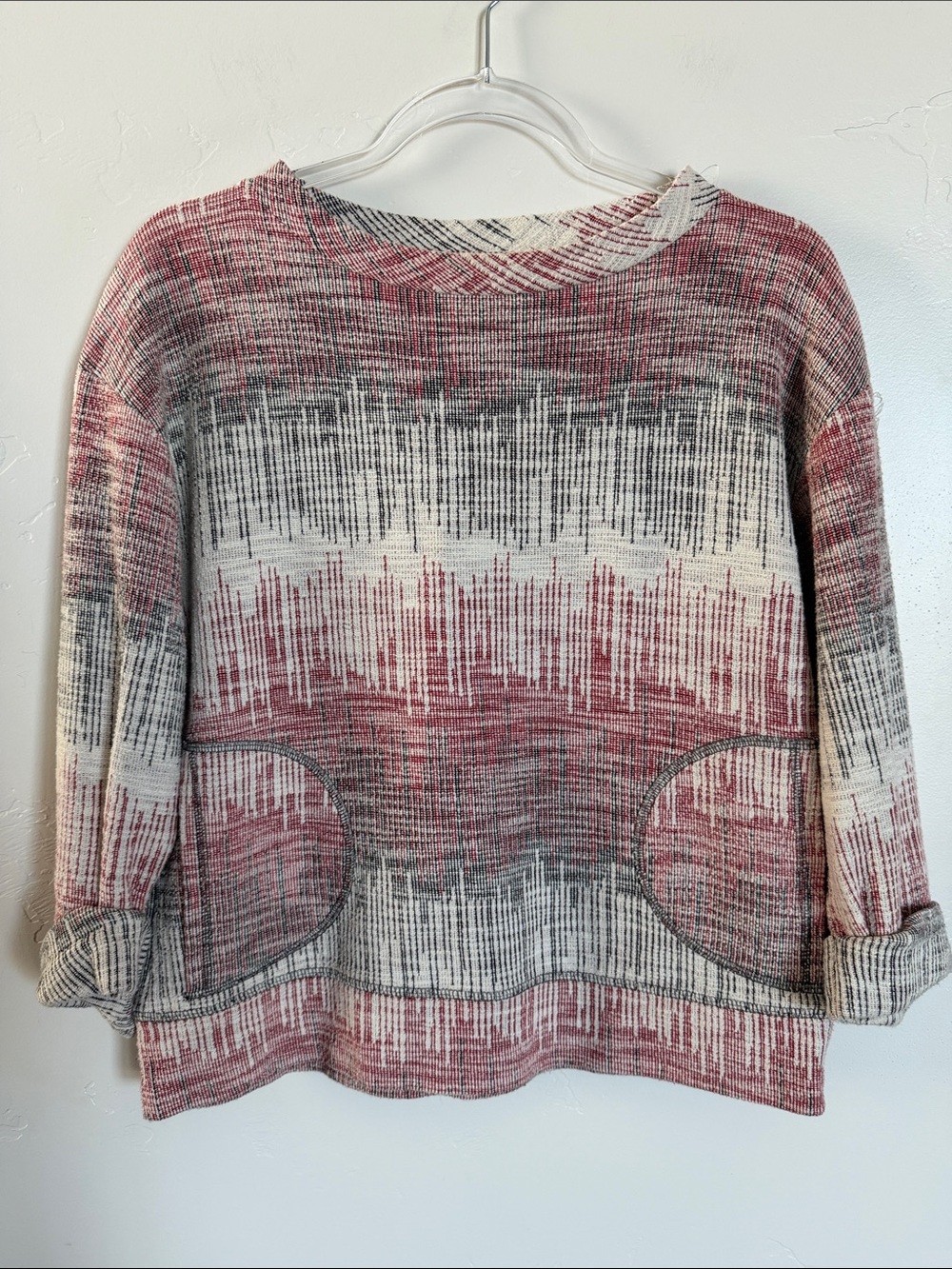 Anthropologie Postmark Woven Red & Black Knit Pullover with Pockets